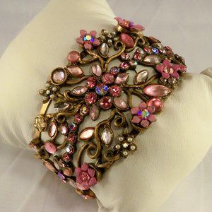 NEW Felicia Pink Floral Rhinestones Copper Tone Cuff Bracelet